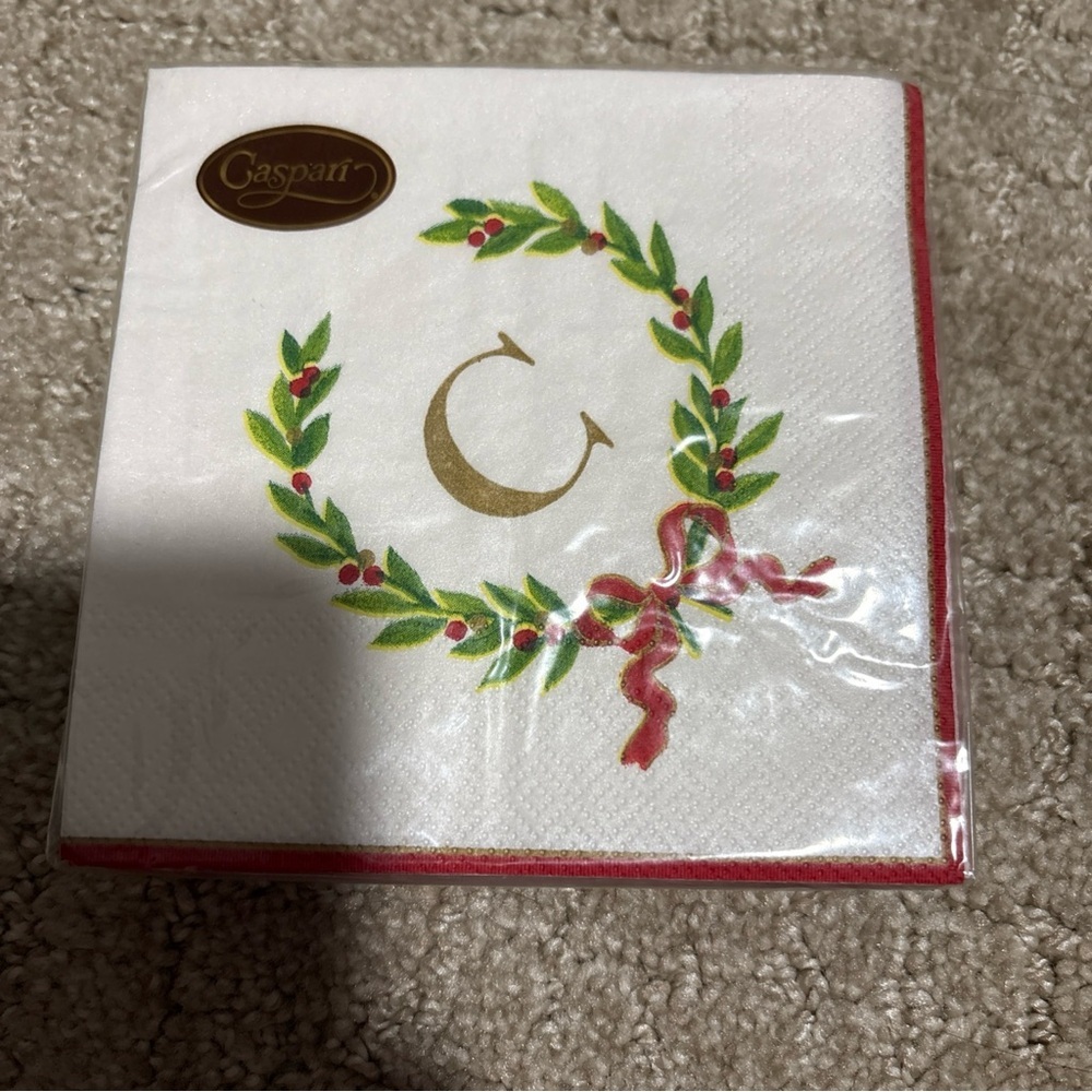 Caspari Christmas Laurel Wreath Cocktail Napkin Letter C 20Triple Ply  25x25 Cm